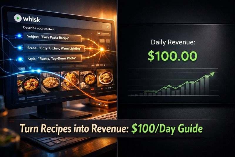 Split screen: Left side shows Whisk interface with complex recipe nodes, Right side shows a green rising revenue graph hitting $100.00 daily