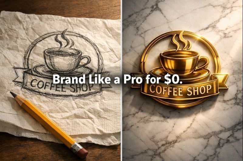 Comparison of a rough pencil sketch on a napkin versus a polished 3D gold logo created with Whisk AI