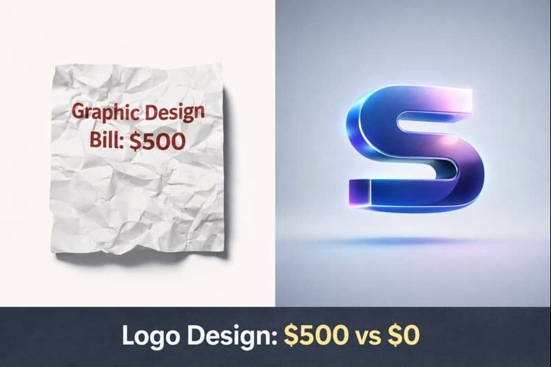 Comparison of a $500 graphic design bill crumpled up next to a $0 professional 3D logo created with Whisk AI