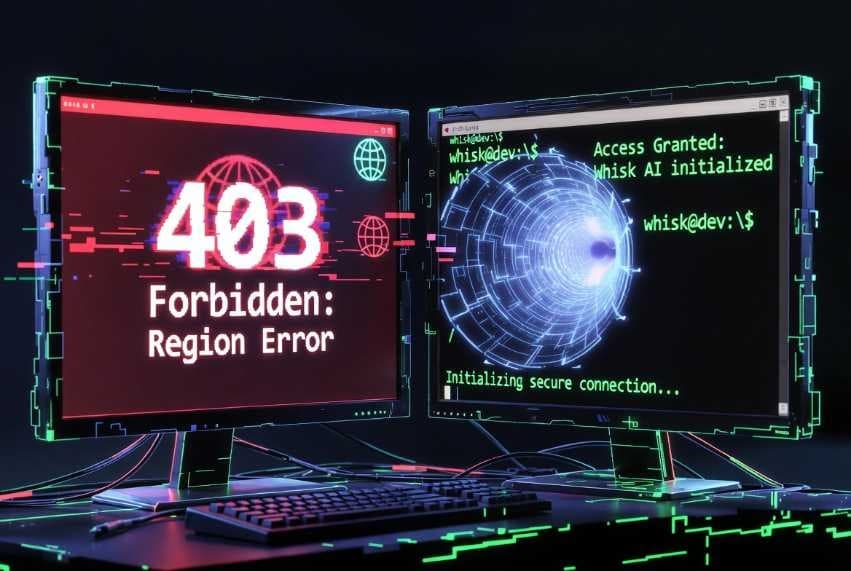 Split screen: Left shows 403 Forbidden Region Error, Right shows Access Granted tunnel to Whisk AI