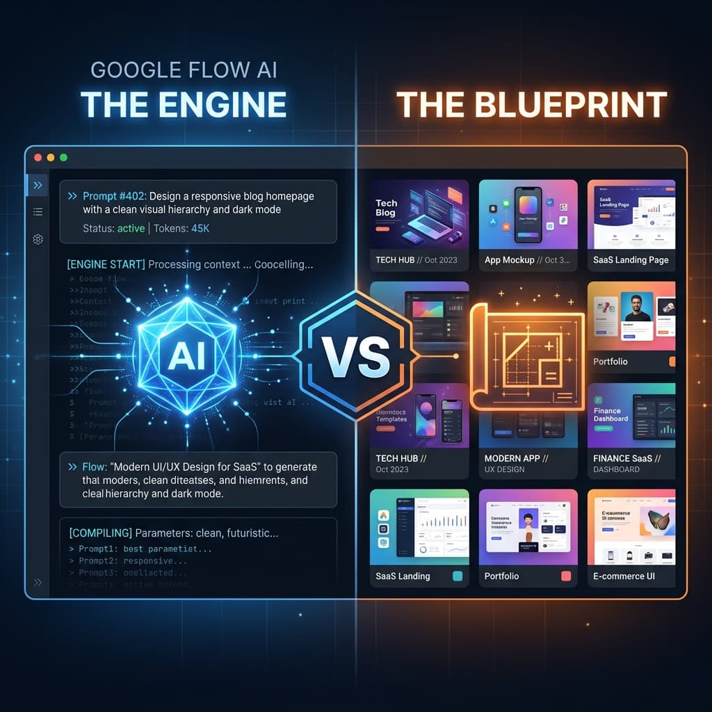 Google Flow AI creative studio interface on the left compared to WhiskAITemplate.com template library on the right, showing the Engine vs Blueprint concept