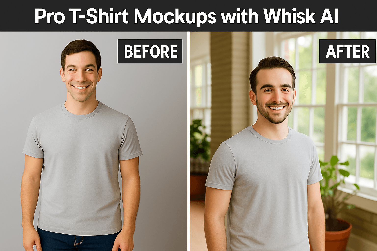 A before-and-after comparison of a t-shirt mockup created with Whisk AI. The 'before' image shows a man on a plain background, while the 'after' image places him in a realistic, professional lifestyle setting, highlighting the AI's power for print-on-demand businesses.