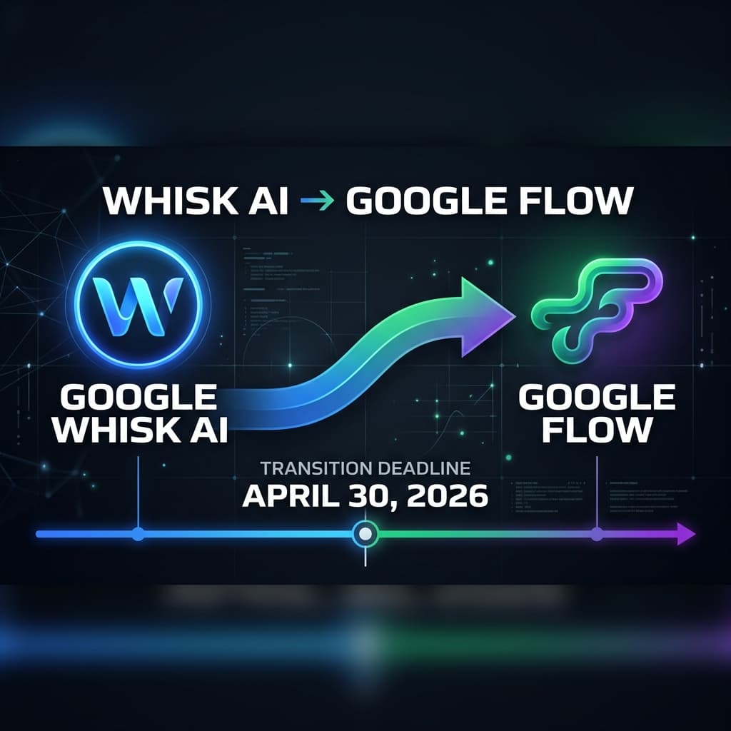 Whisk AI logo transitioning into Google Flow logo with a timeline arrow showing the April 30 2026 migration deadline
