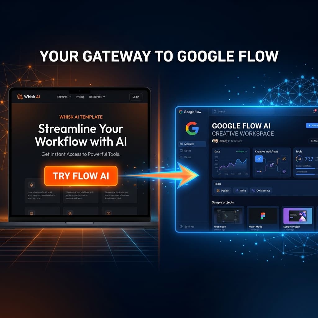 WhiskAITemplate.com homepage showing the Try Flow AI button launching directly into Google Flow creative studio
