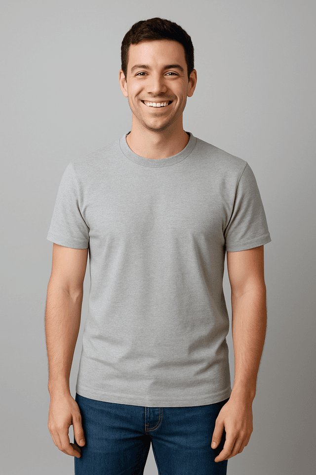 Step 1: A model wearing a blank t-shirt for the AI mockup subject.