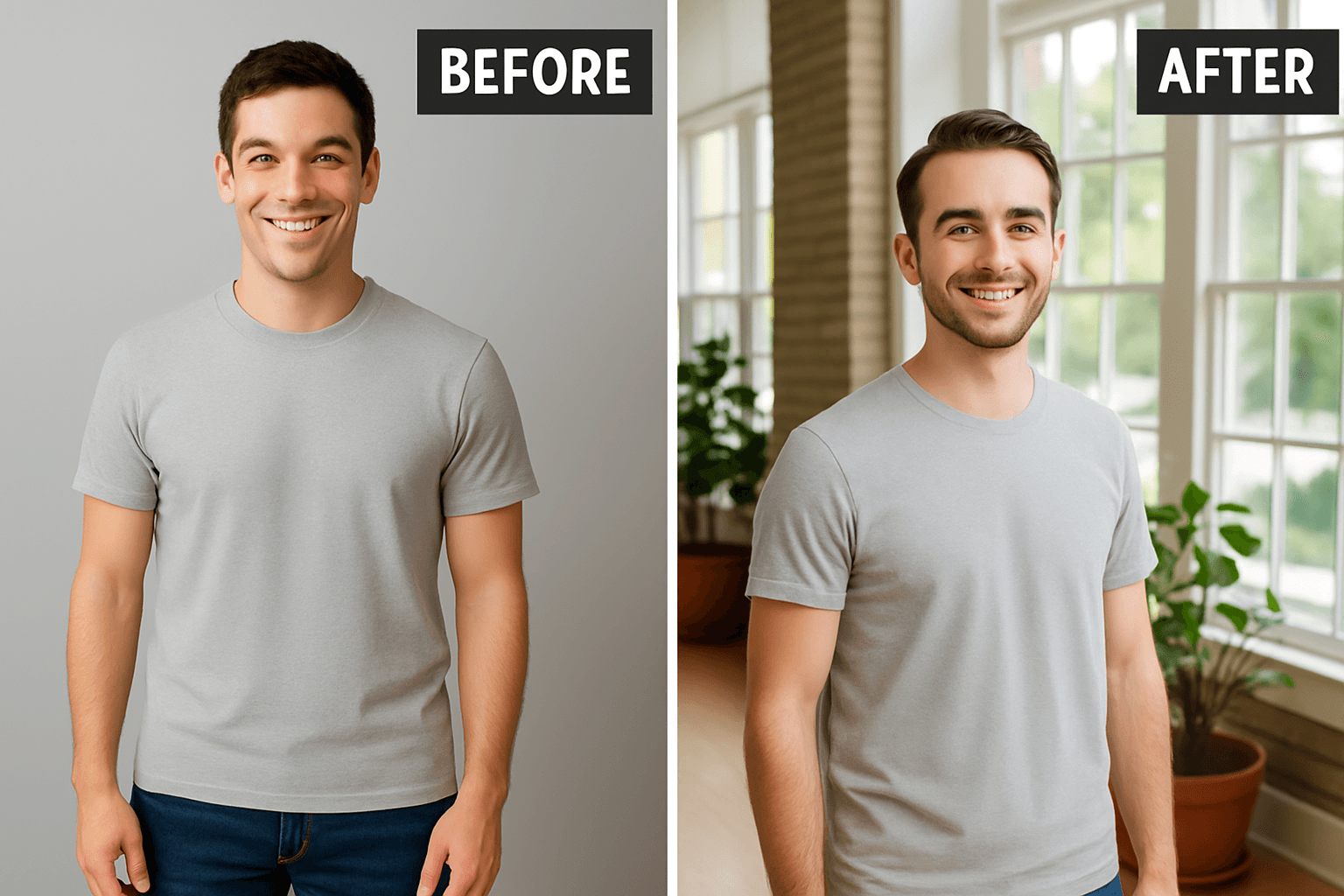 Before and after comparison of T-shirt mockups: Left shows a basic studio photo of a man in a plain gray t-shirt, right shows the same model transformed with Whisk AI into a professional lifestyle photo with natural lighting and an elegant indoor setting.